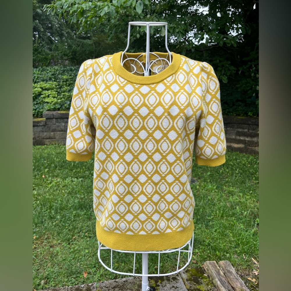 MAEVE Anthropologie Yellow White Harmon Jacquard Sweater Tee Size S